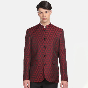 Men Maroon Printed Bandhgala Blazer